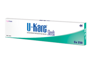 Pack of U-Kare Sleek Cu 250 intrauterine contraceptive device (IUD) by DKT India, two units.